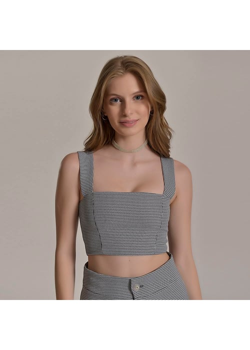 Regata Cropped Feminino Amofany Com Estampa Pied De Poule 