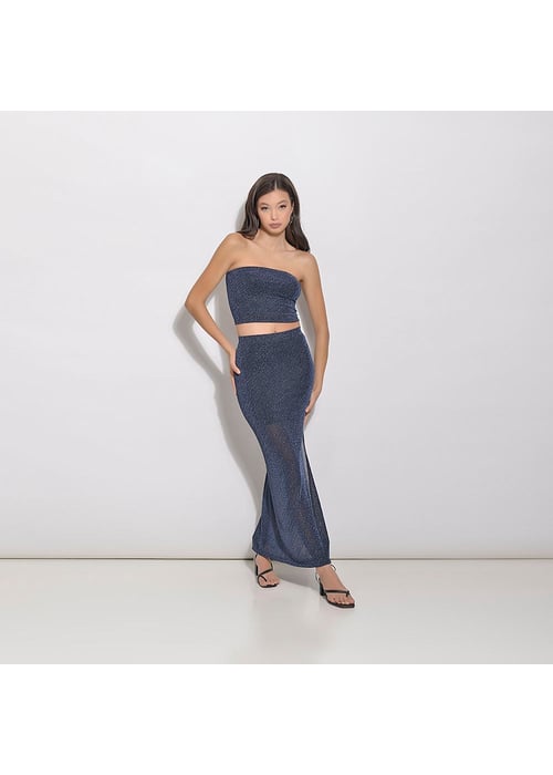 Saia Midi Com Fenda Lateral Em Tule De Malha Com Lurex 