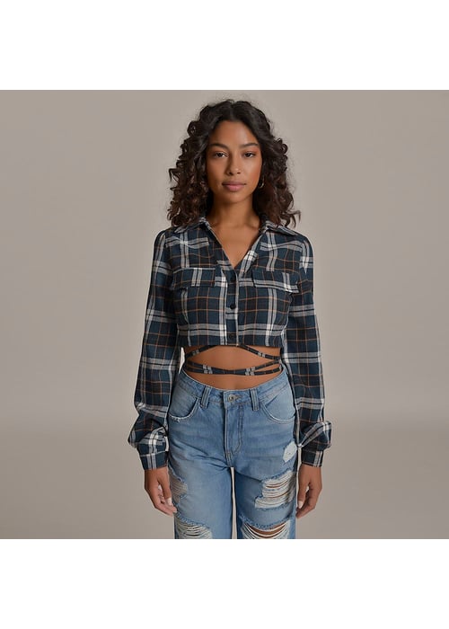 Camisa Cropped Com Amarração Feminino Amofany Em Tecido Flanelado Xadrez