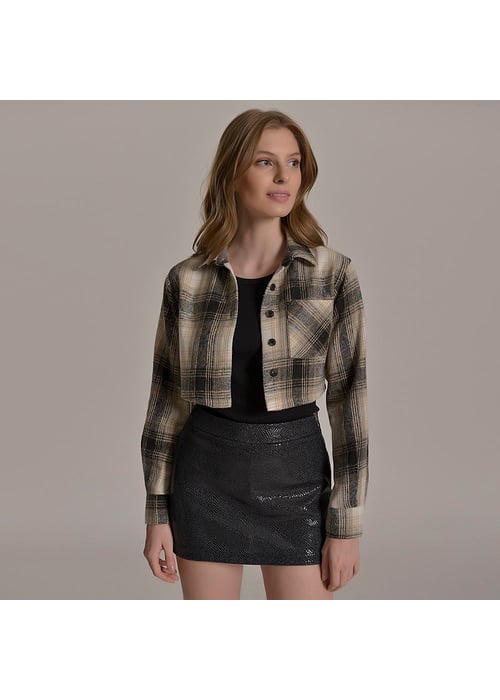 Camisa Cropped Feminino Amofany Em Tecido Flanelado Xadrez Bege 