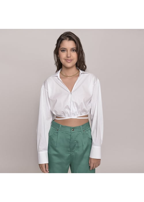 Camisa Cropped Juvenil Feminino Amofany Em Tricoline Manga Longa Com Amarração