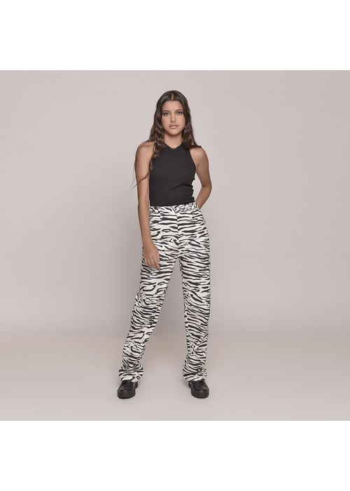 Calça Reta Juvenil Feminino Amofany Sarja Animal Print Zebra