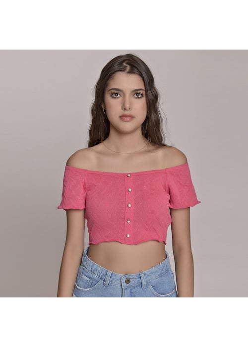 Cropped Feminino Amofany Em Malha Tricô Com Botão Pérola