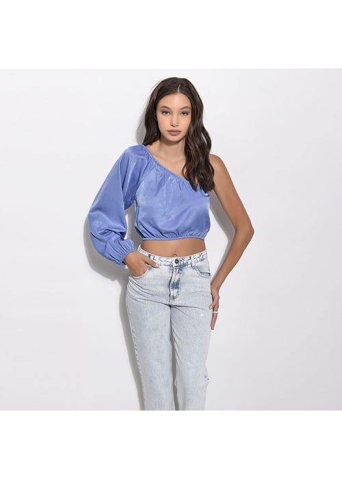 Blusa Cropped Manga única Em Tecido Acetinado 