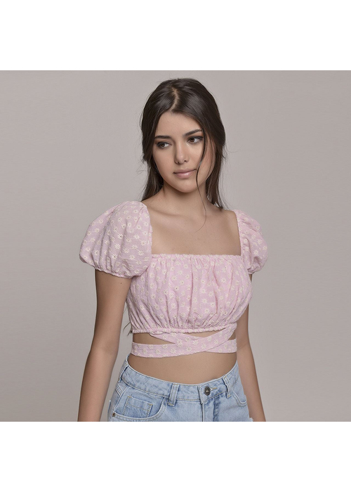 Cropped Manga Bufante Feminino Amofany Em Laise Floral De Algodão 