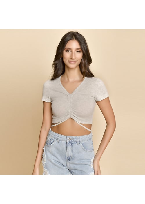 Blusa Cropped Feminino Amofany Em Malha Ribana Com Amarração 