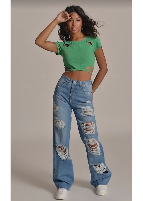 Calça Jeans Wide Leg Feminino Amofany Com Rasgos Desfiado