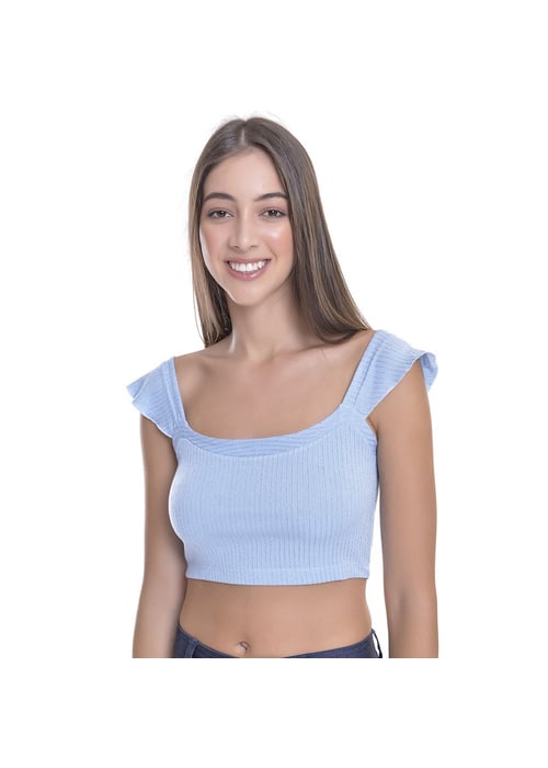 Cropped Teen Amofany Manga Frufru Em Malha Lurex Listrada