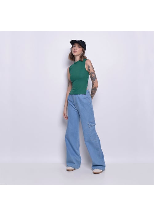 Calça Jeans Wide Leg Cargo 