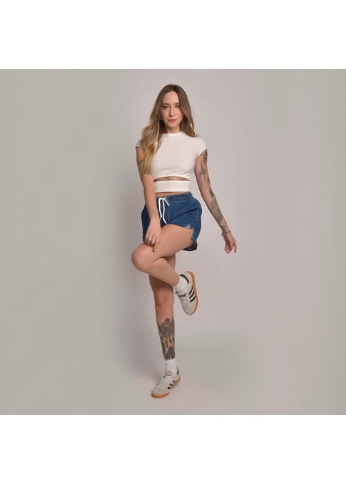 Short Jeans Moletom Feminino Amofany Com Cordão 