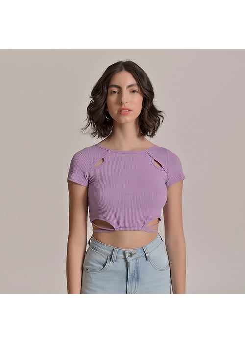 Blusa Cropped Com Amarração Feminino Amofany Em Malha Canelada 