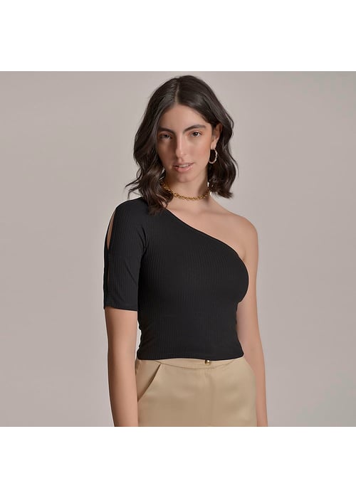 Blusa Ombro único Com Recorte Na Manga Feminino Amofany Em Malha Canelada