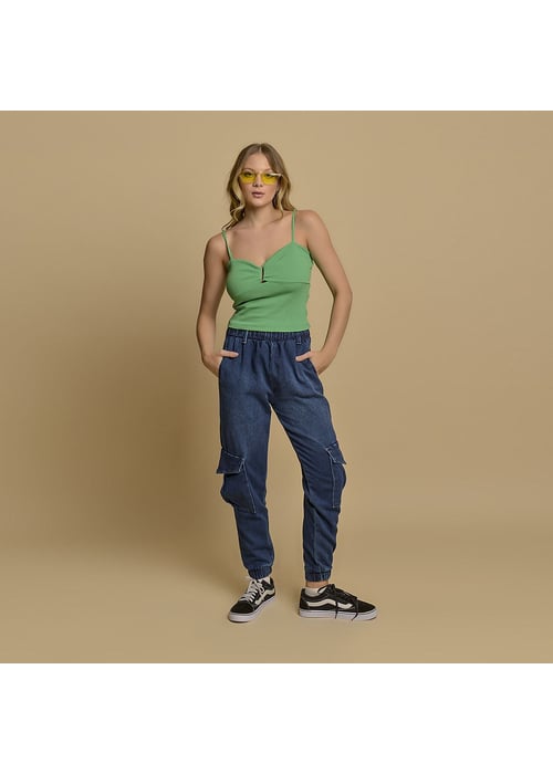 Calça Jogger Juvenil Feminino Amofany Em Moletom Jeans Com Bolso Cargo