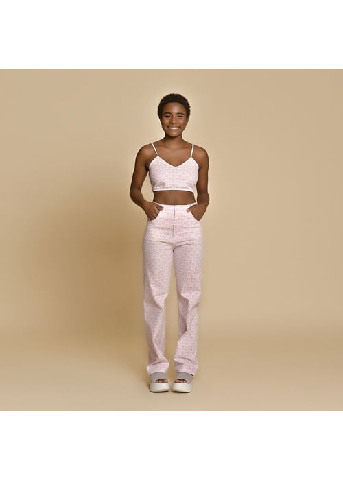 Calça Reta De Sarja Feminino Amofany Estampa Xadrez Com Coração 