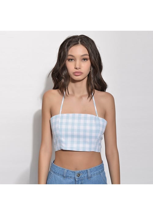 Cropped Halter Feminino Amofany Em Tecido Plano Vichy