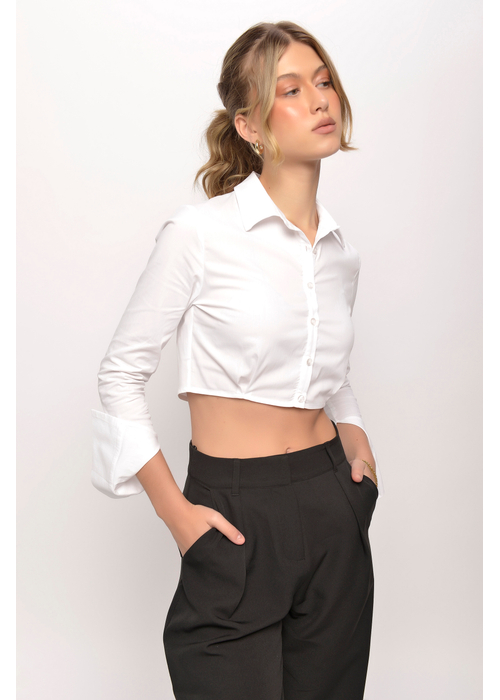 Camisa Cropped Acinturada Manga Longa Feminino Amofany Em Tricoline 