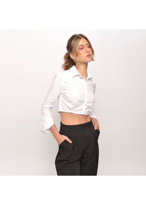 Camisa Cropped Acinturada Manga Longa Feminino Amofany Em Tricoline 