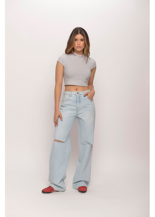 Calça Wide Leg Jeans Claro Feminino Amofany Rasgo No Joelho