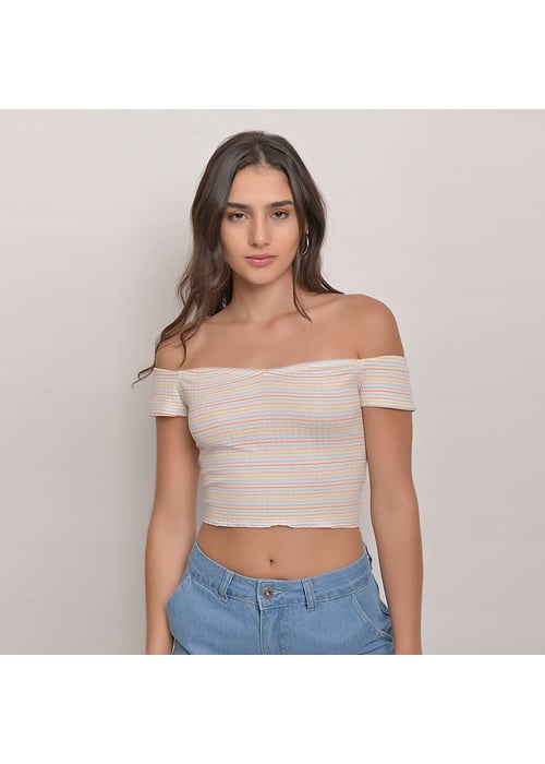 Cropped Listrado  Feminino Amofany Malha Canelada Com Decote Princesa