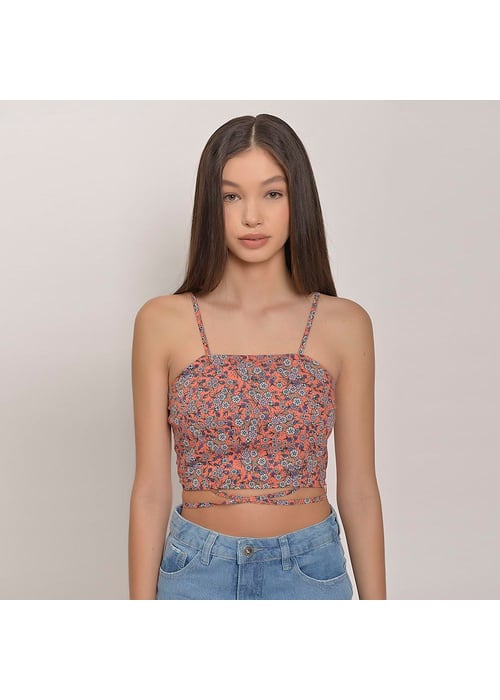 Cropped Com Amarração Em Tricoline Floral