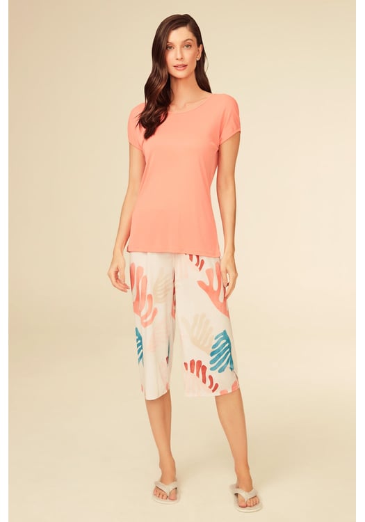 Pijama Feminino Estampado De Calça Pescador Em Liganete