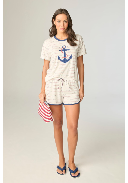 Pijama Feminino Listrado Com Short Naútico