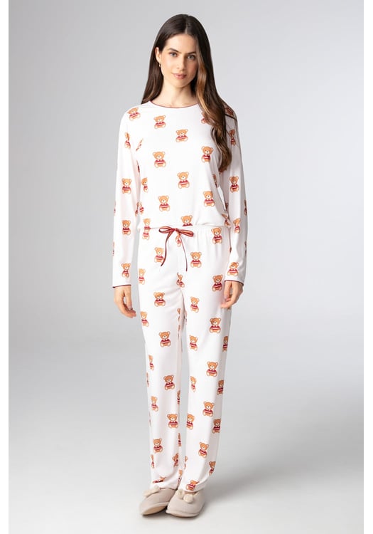 Pijama Feminino Longo Em Malha Peach Estampa Ursinhos