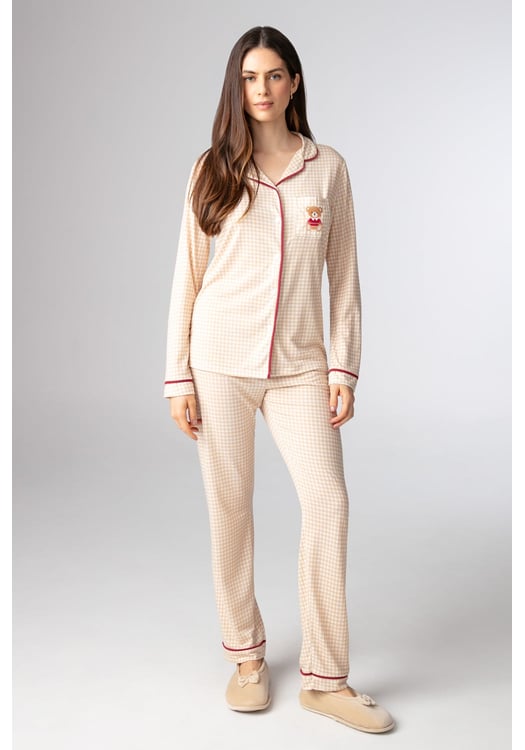 Pijama Feminino Longo Americano Xadrez Ursinho