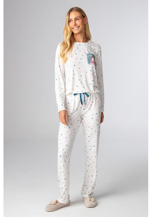 Pijama Feminino Longo Em Malha Pv Poá Colorido