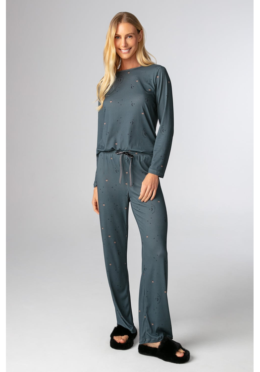 Pijama Feminino Longo Canelado Em Malha Peach