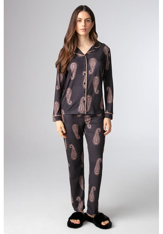 Pijama Americano Feminino Longo Em Malha Peach Estampa Paisley