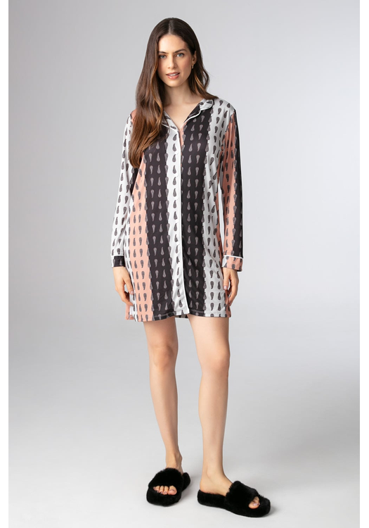 Camisão Feminino Manga Longa Em Malha Peach Arabescos