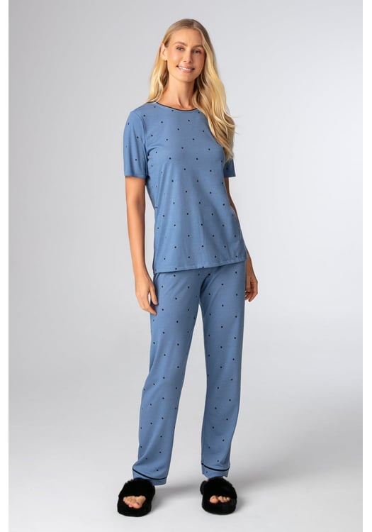 Pijama Feminino Viscolycra Manga Curta E Calça Longa Azul Poá