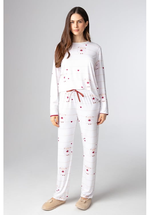 Pijama Feminino Longo Em Malha Peach Ovelhinhas Com Corações