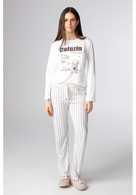 Pijama Feminino Longo Malha Peach Estampa Cafezin
