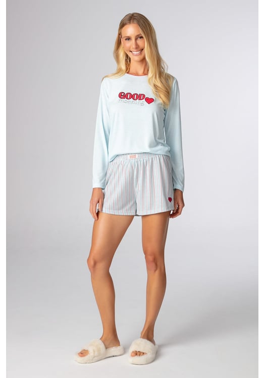 Pijama Feminino 100% Algodão Manga Longa Com Short Listrado