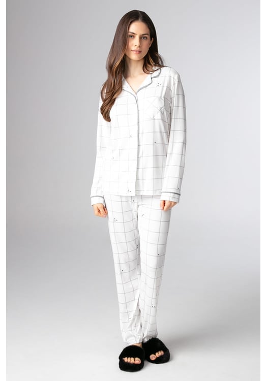 Pijama Feminino Longo Estilo Americano Em Malha Peach Xadrez