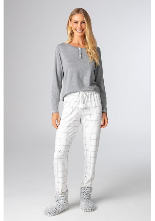 Pijama Feminino Longo Malha Peach Mescla E Xadrez