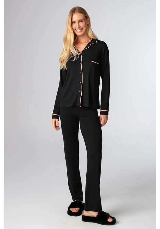 Pijama Feminino Longo Estilo Americano Em Viscolycra Preto