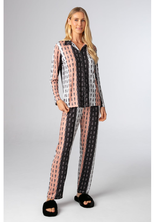 Pijama Feminino Longo Aberto Em Malha Peach Arabesco