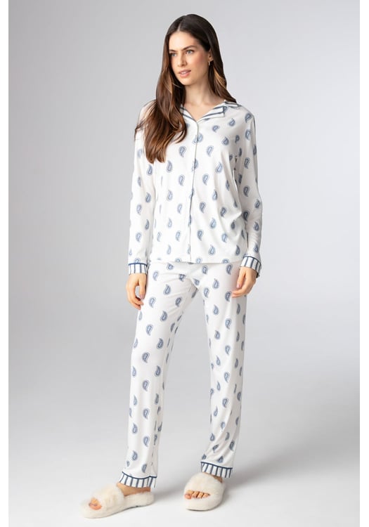Pijama Americano Longo Feminino 100% Algodão Estampa Paisley