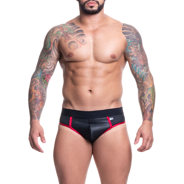CUECA EM CIRRE PRETO E VERM TRABALHADO FRENTE SLIP E ATRAS JOCKSTRAPP SD CLOTHING