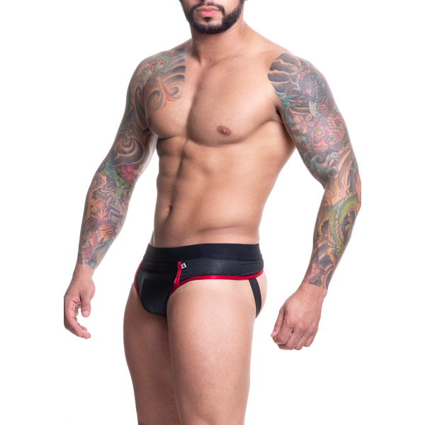 CUECA EM CIRRE PRETO E VERM TRABALHADO FRENTE SLIP E ATRAS JOCKSTRAPP SD CLOTHING
