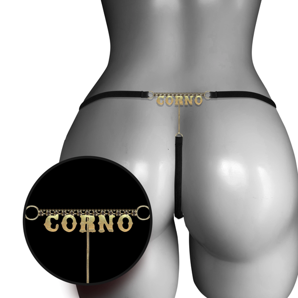 CALCINHA PRETA STRASS COSTAS PALAVRA CORNO