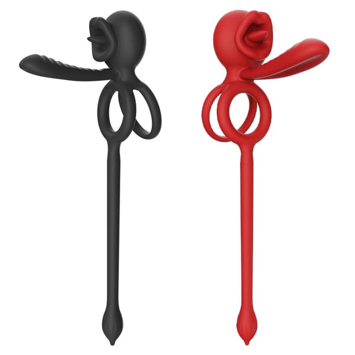 Anel Peniano Duplo Lip Ring Com Língua Estimuladora E Plug Anal 9 Vibrações