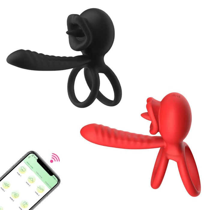 Anel Peniano Duplo Lip Ring Com Língua Estimuladora E Penetrador 9 Vibrações