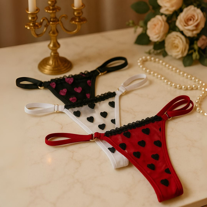 Calcinha Fio Dental Tule Bordado Coração Mil Toques