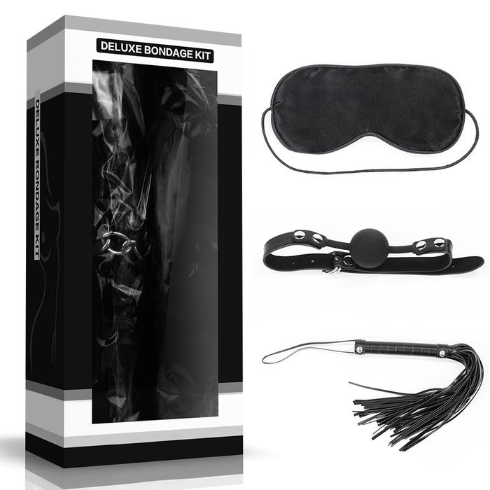 Kit Bondage Luxo 3 Peças Com Mordaça Venda E Chicote Lovetoy