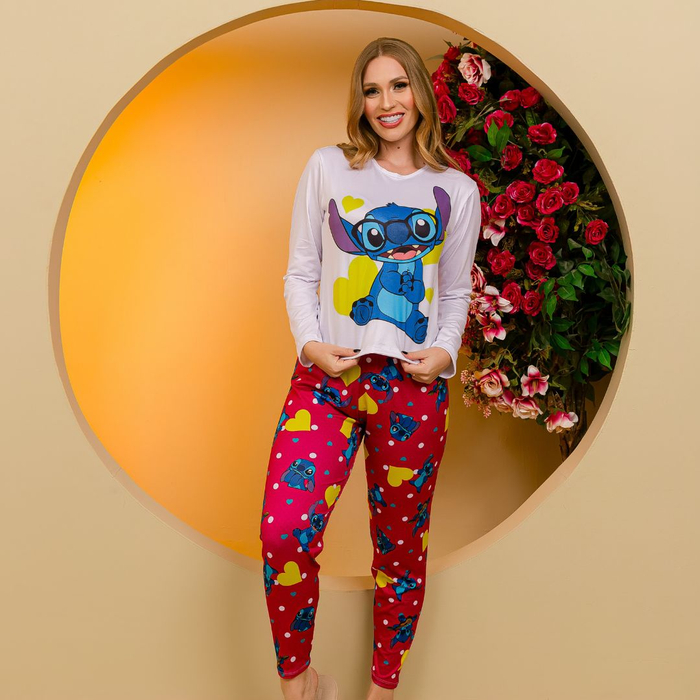 Pijama Manga Longa Com Calça Stitch Amável Moda íntima