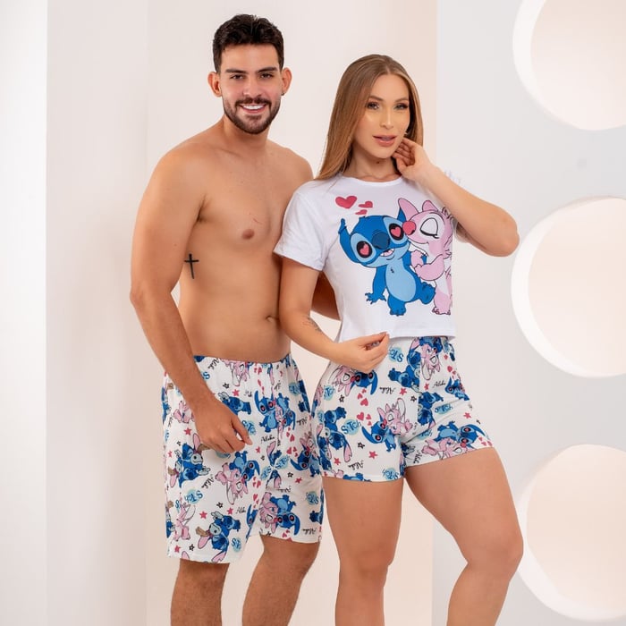 Kit Pijama Casal Estampa Stitch E Angel Amável